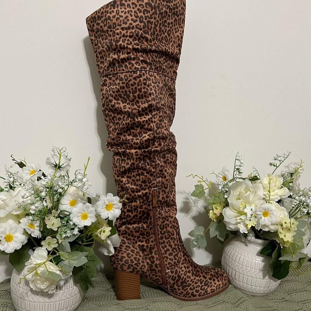 Journee Collection Leopard Print Over-the-Knee Boots - Brown - Picture 3 of 9